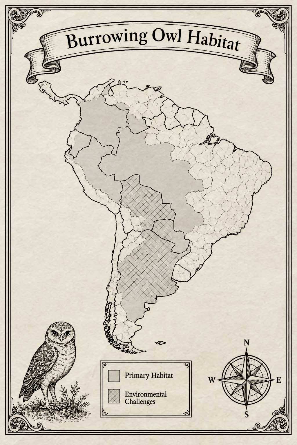 Map of South America showing the Burrowing Owl habitat